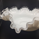 Fenton Silver Crest Ruffle Bowl White Milk Glass Clear Edge 10 Inch Unmarked