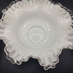 Fenton Silver Crest Ruffle Bowl White Milk Glass Clear Edge 10 Inch Unmarked