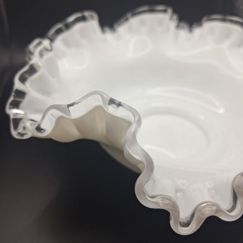 Fenton Silver Crest Ruffle Bowl White Milk Glass Clear Edge 10 Inch Unmarked