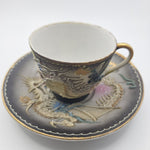 Dragonware Japanese Moriage Tea Cup Saucer Black Gold Raised Paint Small Vintage