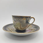 Dragonware Japanese Moriage Tea Cup Saucer Black Gold Raised Paint Small Vintage