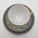 Dragonware Japanese Moriage Tea Cup Saucer Black Gold Raised Paint Small Vintage