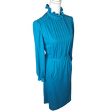 JCPenney Fashions Blue Dress Long Ruffle High Neck Pockets Tie Vintage Womens 14