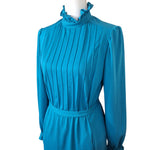 JCPenney Fashions Blue Dress Long Ruffle High Neck Pockets Tie Vintage Womens 14