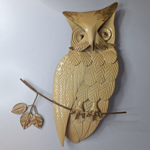 Metal Owl Cream Tin Leaves Branch Handpainted 14 x 10 Inches Hanging Wall Decor