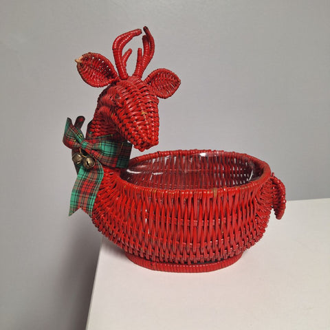 Red Wicker Basket Rattan Deer Christmas Holiday Ribbon Planter Bells Vintage