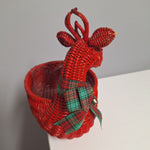 Red Wicker Basket Rattan Deer Christmas Holiday Ribbon Planter Bells Vintage