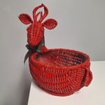 Red Wicker Basket Rattan Deer Christmas Holiday Ribbon Planter Bells Vintage