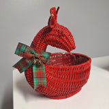 Red Wicker Basket Rattan Deer Christmas Holiday Ribbon Planter Bells Vintage