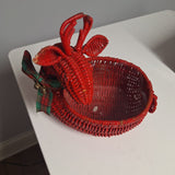 Red Wicker Basket Rattan Deer Christmas Holiday Ribbon Planter Bells Vintage