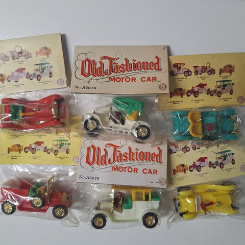 Old Fashioned Motor Car Vintage Toys In Package Wheels Plastic No A3076 Set of 6