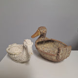 Small Duck Baskets Rattan Wicker Birds Rustic Beach Decor Set Pair White 6 Inch