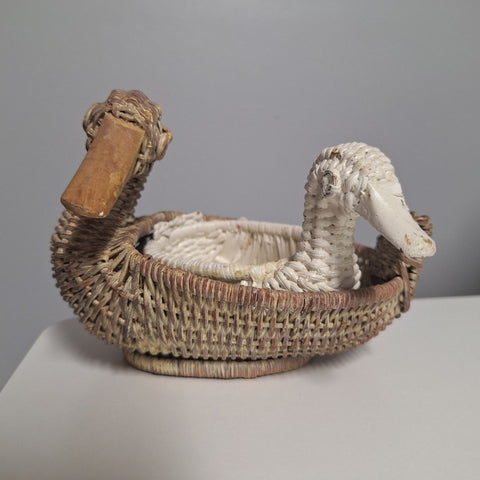 Small Duck Baskets Rattan Wicker Birds Rustic Beach Decor Set Pair White 6 Inch