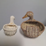 Small Duck Baskets Rattan Wicker Birds Rustic Beach Decor Set Pair White 6 Inch