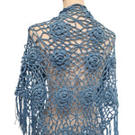 Crochet Rose Shawl Fringe Blue Floral Womens One Size