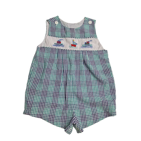 Cuties by Judy Romper Boats Nautical Blue Green Check Sleeveless Baby Boy 18 Months