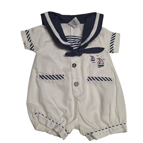 Baby Infant Nautical Sailor Romper One Piece Snap Collar White Blue 6 9 Months