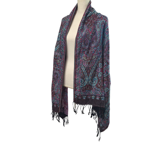 Wrap Shawl Frings Boho Wide Scarf Accessory Blue Purple Paisley Tribal