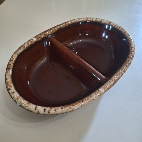 Hull Pottery Serving Dish Divided Drip Glaze Brown Oven Proof 11 Inch Vintage USA