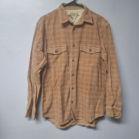 Cabelas Button Down Flannel Cotton Mens Medium Tan Beige Long Sleeve Heavy Duty