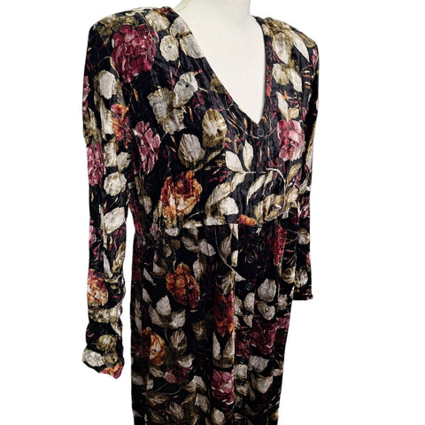 Nostalgia Velvet Floral Dress Black Long Sleeve Shoulder Pads Womens Small Maxi