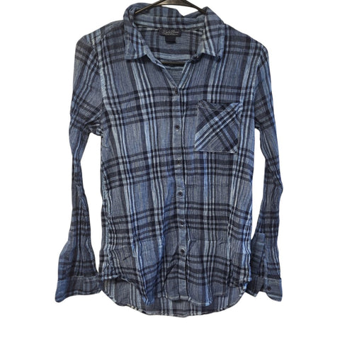 Lucky Brand Button Down Shirt Lightweight Blue Plaid Womens XS Thin Sheer