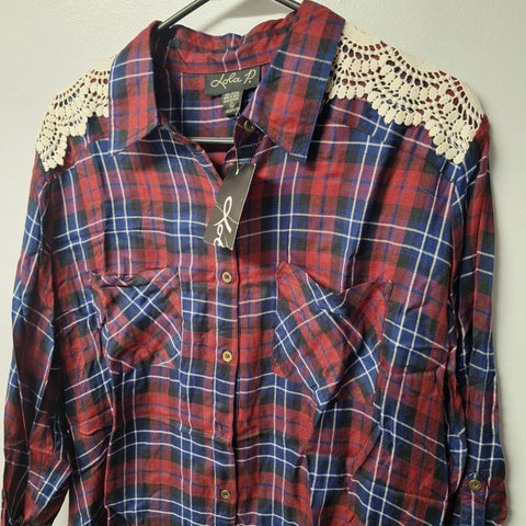 Lola P Plaid Lace Shirt Doily Button Down Shoulders Womens Large Red Blue