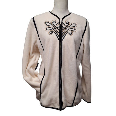 Bob Mackie Full Zip Fleece Jacket Ivory Black Embroidered Pockets Womens Small