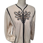 Bob Mackie Full Zip Fleece Jacket Ivory Black Embroidered Pockets Womens Small