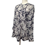 Liz Claiborne Sheer Top Button Down Blue Floral Long Sleeve Medium Blouse