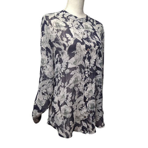 Liz Claiborne Sheer Top Button Down Blue Floral Long Sleeve Medium Blouse