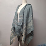 Simply Noelle Hooded Wrap Poncho Fringe Soft Blue Gray Womens One Size Cabin