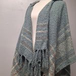 Simply Noelle Hooded Wrap Poncho Fringe Soft Blue Gray Womens One Size Cabin