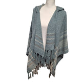 Simply Noelle Hooded Wrap Poncho Fringe Soft Blue Gray Womens One Size Cabin