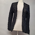 Liz Baker Cardigan Black Buttons Knit Crochet Womens Medium Long Sleeve