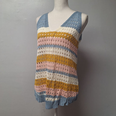 143 Story by Lineup Tank Top Knit Crochet Womens Mefium Blue Pink Stripes