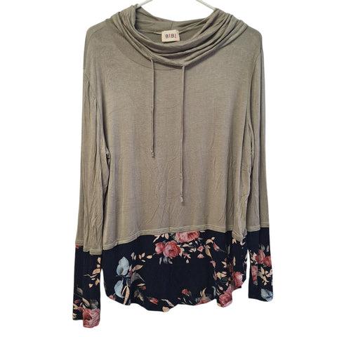 BiBi Long Sleeve Cowel Neck Shirt Lightweight Soft Green Floral Womens Medium