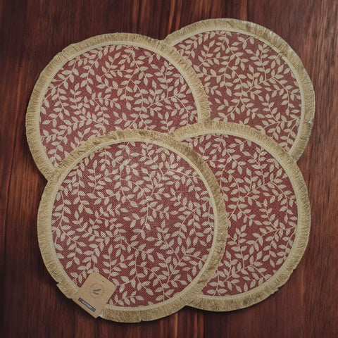 Round Jute Fringe Placemat Vines Fall 15 Inch Set of 4 Red