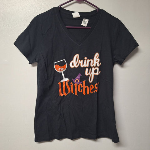 Drink Up Witches Tee Shirt V Neck Halloween Womens Small Wine Party Costume