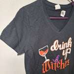 Drink Up Witches Tee Shirt V Neck Halloween Womens Small Wine Party Costume