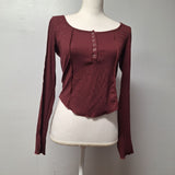 Dazy Cropped Top Long Sleeve Red Bergundy Womens Junior Size XL Scoop Neck Seam