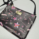 Betsey Johnson Luv Peace Crossbody Wristlet Black Pink Quotes Dream Good Vibes