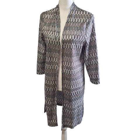 Chicos Travelers Collection Duster Long Thin Knit Metallic Womens Size 1 Gray