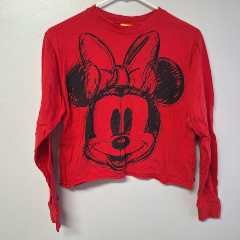 Disney Cropped Shirt Minnie Mouse Red Black Womens Small Rolled Raw Hem