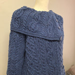 Aran Crafts Ireland Merino Wool Crossover Neck Button Up Blue Cable Knit Medium