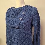 Aran Crafts Ireland Merino Wool Crossover Neck Button Up Blue Cable Knit Medium