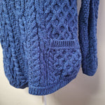 Aran Crafts Ireland Merino Wool Crossover Neck Button Up Blue Cable Knit Medium