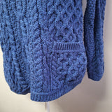 Aran Crafts Ireland Merino Wool Crossover Neck Button Up Blue Cable Knit Medium