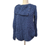 Aran Crafts Ireland Merino Wool Crossover Neck Button Up Blue Cable Knit Medium