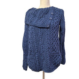 Aran Crafts Ireland Merino Wool Crossover Neck Button Up Blue Cable Knit Medium